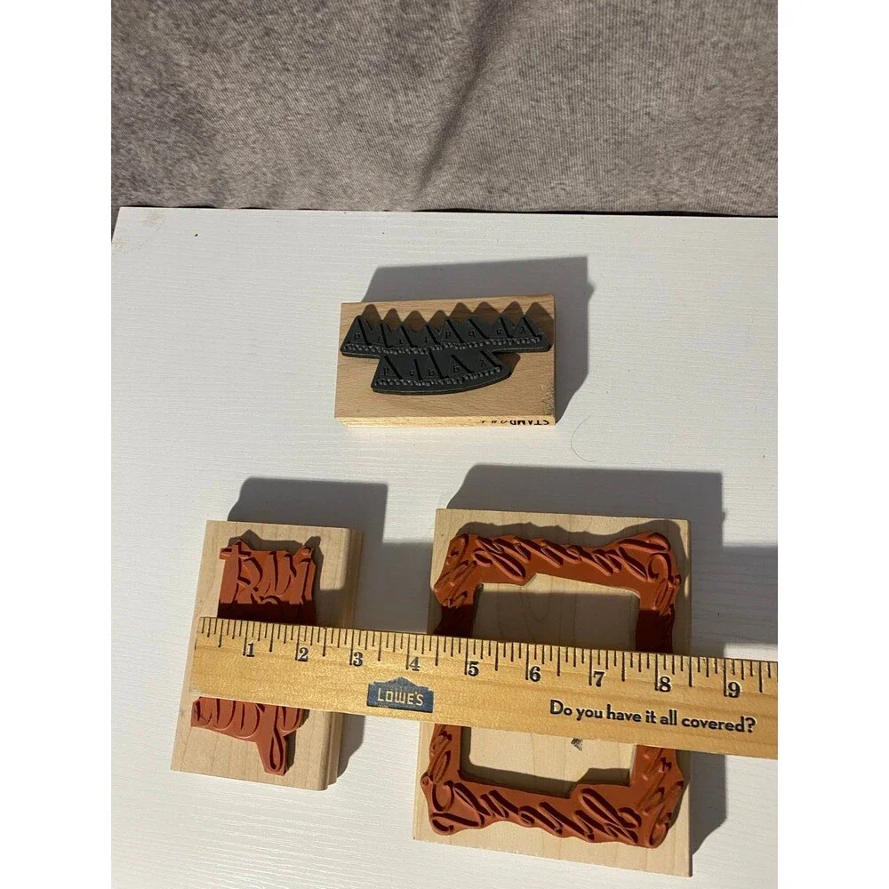 3pc Wood Rubber Stamp Lot DeNami Christmas Frame American Crafts Happy Birthday